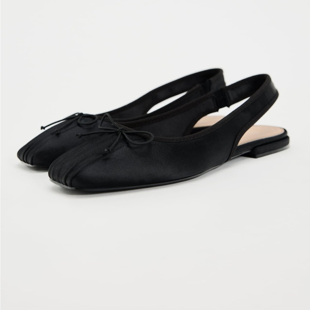 Zara Bow Black Satin Ballet Sling Back Flats Size 6 - Picture 3 of 10